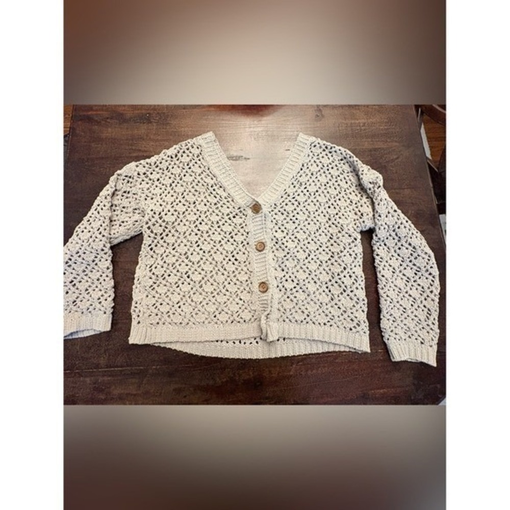 Nicole Miller Artelier Crochet Knit Button Front Grey Cardigan Boho Chic large - Picture 4 of 15